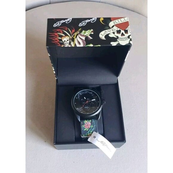 NEW ED HARDY MEN'S BLACK SILICONE SKULL FACE MULTICOLOR  STRAP WATCH 46MM IN BOX - Picture 5 of 7